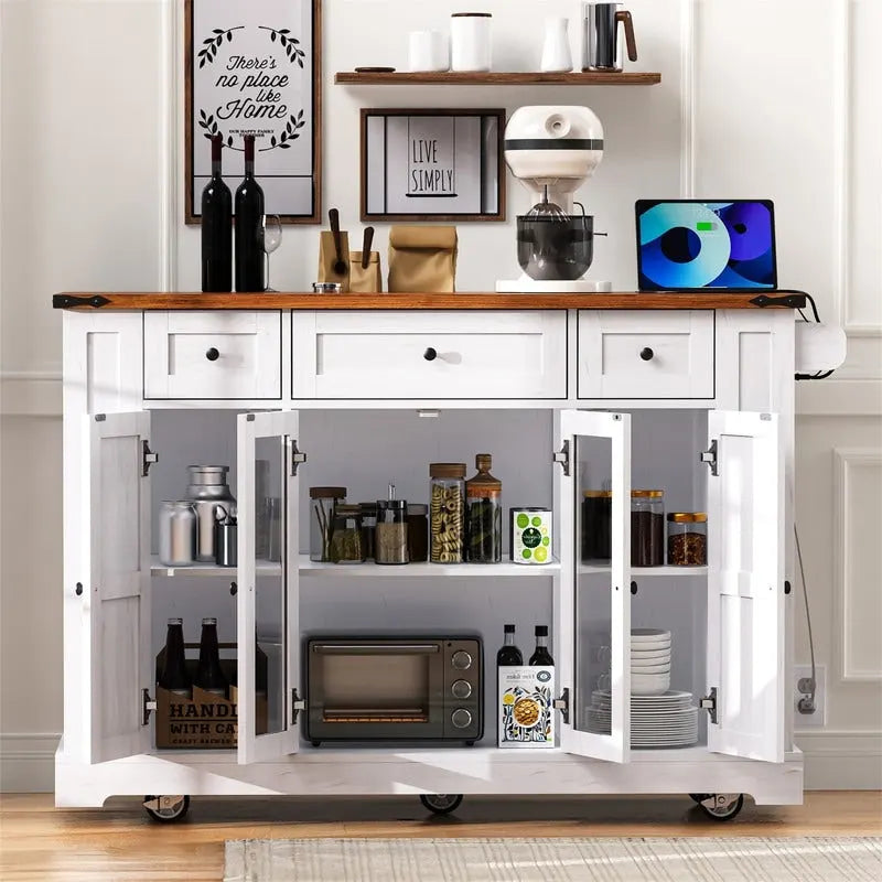 Kitchen Island w/Drop Leaf, 3 Drawers & 5 Open Side Racks, Rolling Kitchen Cart w/ 2 Tempered Glass Cabinet Doors & Power Outlet