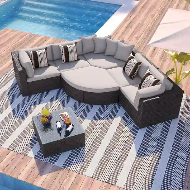 Modern 7-Piece Outdoor Wicker Sofa Set with Coffee Table, Cushions, and Striped Pillows, Suitable for Patio, Garden, Deck