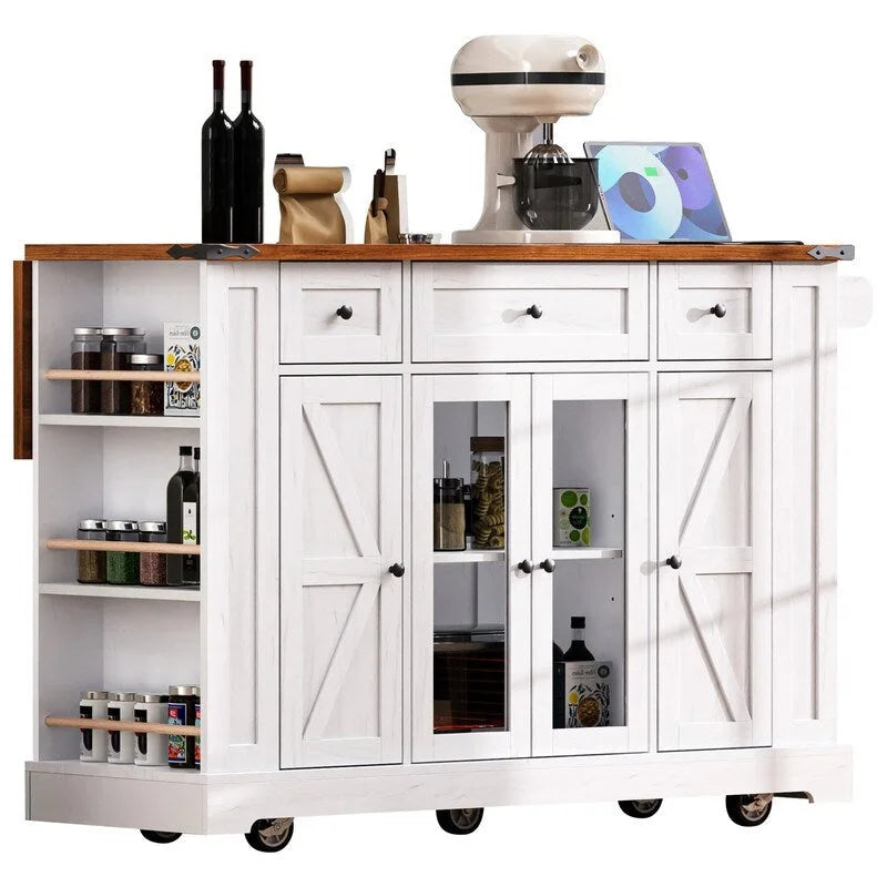 Kitchen Island w/Drop Leaf, 3 Drawers & 5 Open Side Racks, Rolling Kitchen Cart w/ 2 Tempered Glass Cabinet Doors & Power Outlet