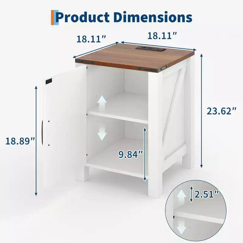 2Pcs Farmhouse Nightstand with Charging Station, Rustic Barn Door Bedside Table with Adjustable Shelf, Small End Table for Bedroom and Living Room