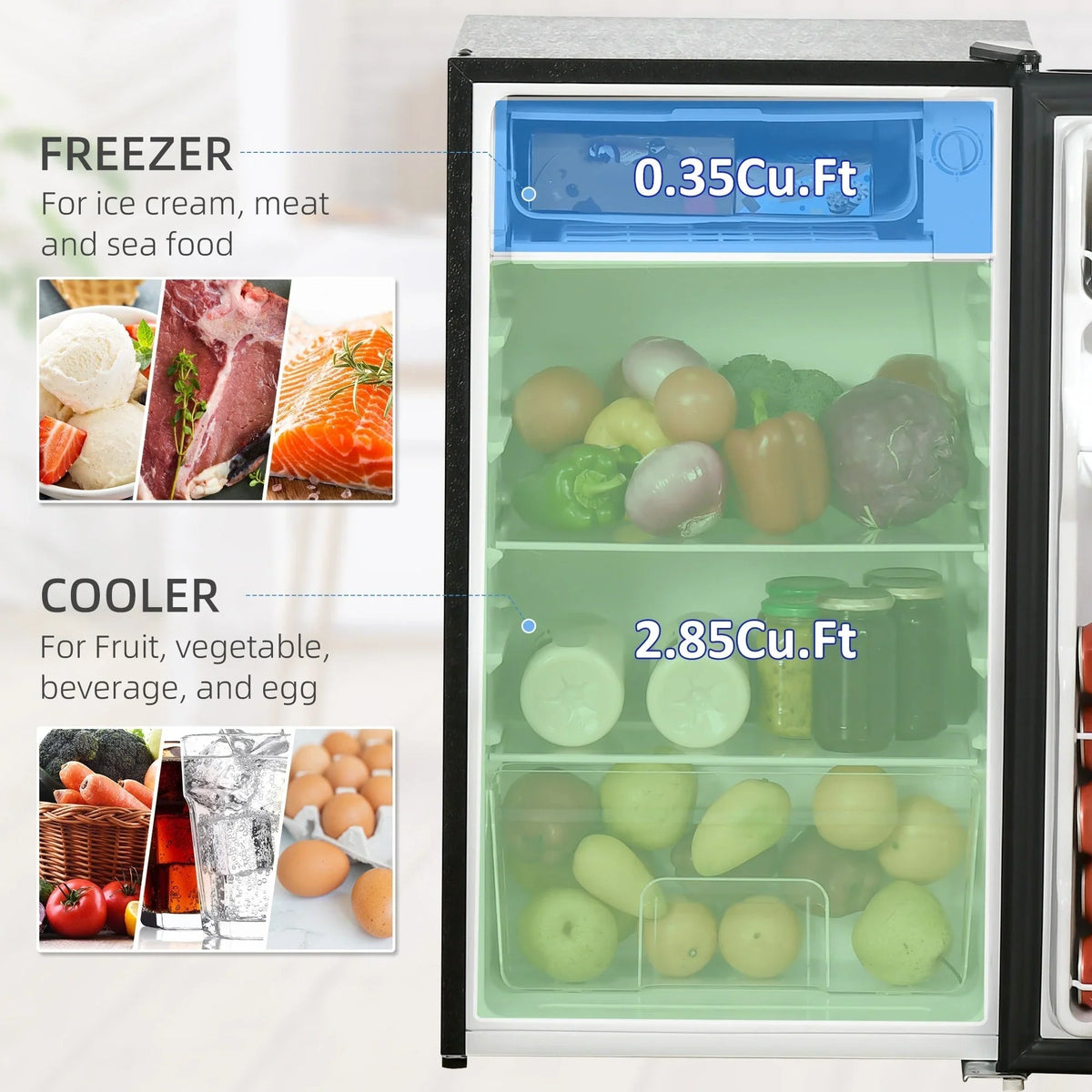 HOMCOM 3.2 Cu.Ft Mini Fridge with Freezer, Single Door Compact Refrigerator with Adjustable Thermostat for Bedroom
