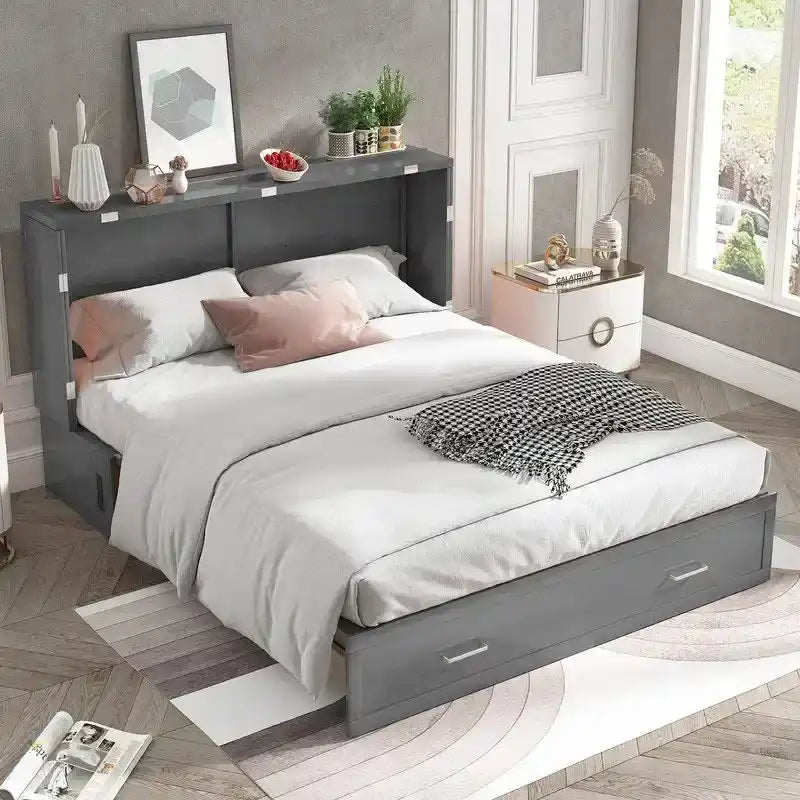 Mixoy Murphy Bed Cabinet Bed Chest with Mattress & Drawer