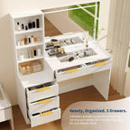 Makeup Vanity Desk with Lighted Mirror & Charging Station, 3-Color Dimmable Touch, 5 Drawers & Glass Top, Modern Bedroom Dressing Table