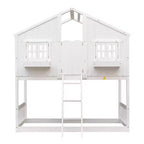 Twin Size House-Shaped Loft Bed, Wood Playhouse Loft Bed with Ladder & Guardrails for Kids