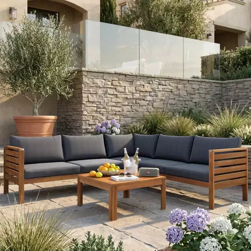 Polibi Acacia Corner Outdoor Sofa Set with Matching Coffee Table