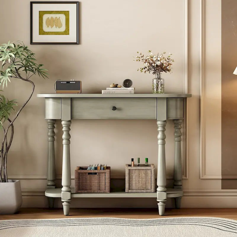 Retro Narrow Console Table with Curved Corner, Top Drawer & Open Shelf