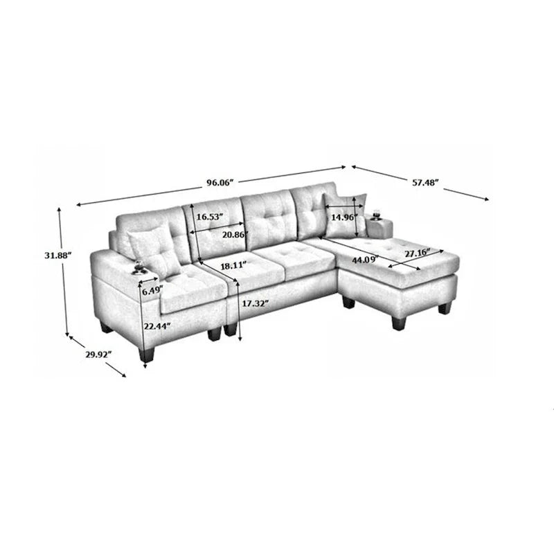 Sectional Sofa Living Room with L Shape Chaise Lounge and cup holder