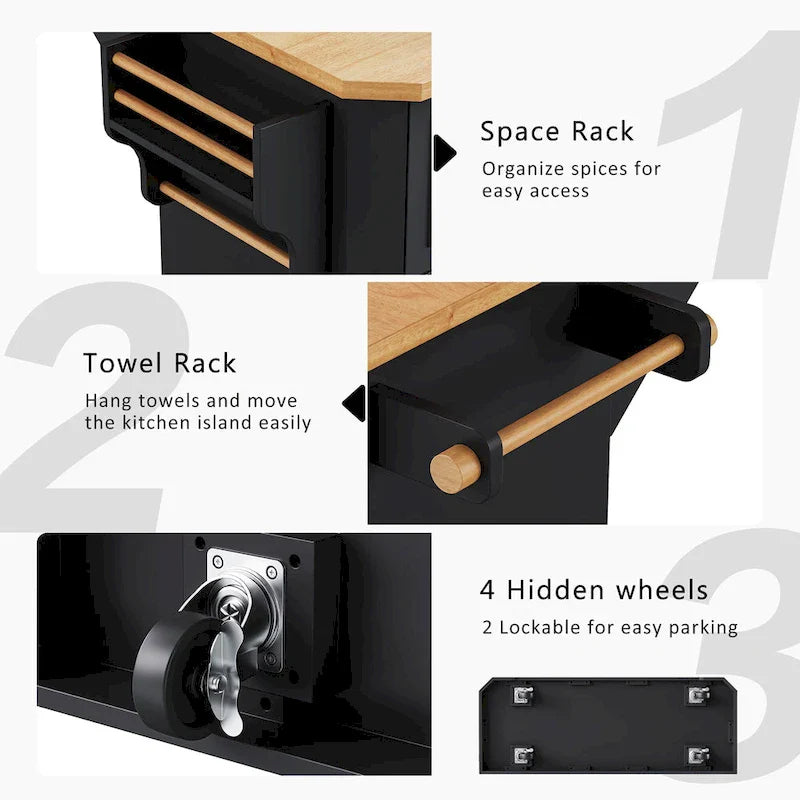 Expandable Drop-Leaf Kitchen Island, Kitchen Cart on 4 Wheels with Power Outlet, Moveable Island Table with 2 Door & 6 Drawers
