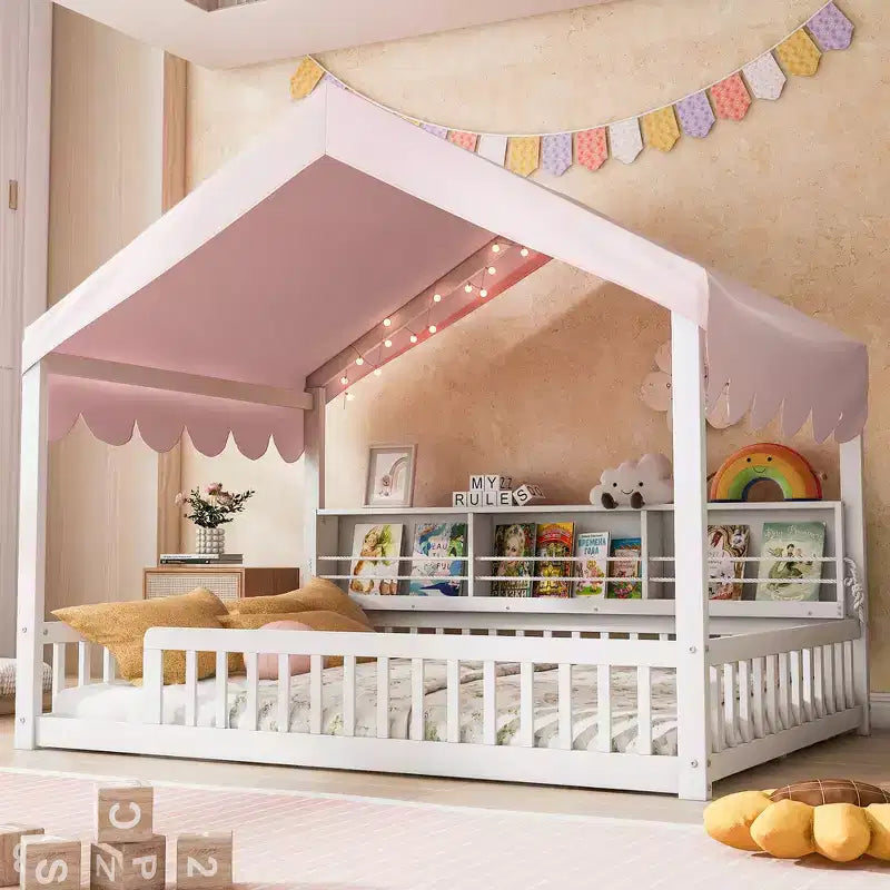 Whisen Full Size Wooden Floor Bed Frame, House-Shaped Daybed with Fense, 3 Storage Bookshelves, Curtain