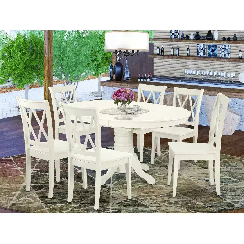 HomeStock 7 Piece Dining Table Set Linen White Oval Table & 6 Chairs Modern Style