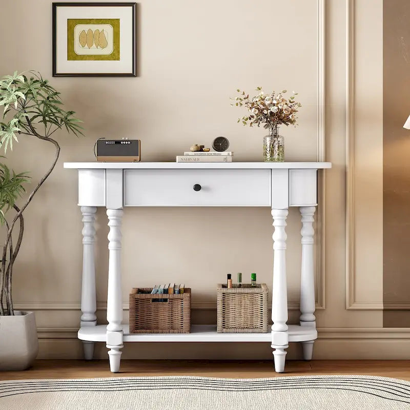 Retro Narrow Console Table with Curved Corner, Top Drawer & Open Shelf