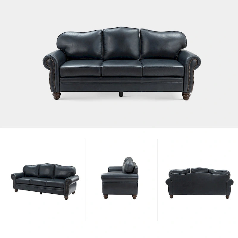 Balvino 81 Wide Transitional Genuine Leather Rolled Arm Sofa with Nailhead Trim and Removable Cushions