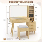 48 Fluted Makeup Vanity Desk with Mirror & LED Lights, Charging Station, Cushioned Storage Stool for Bedroom
