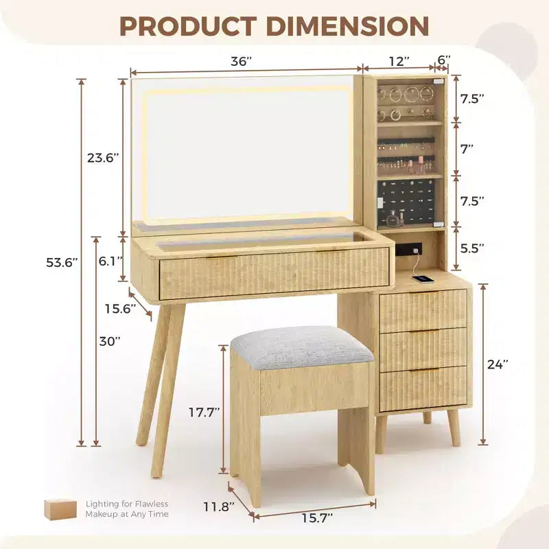 48 Fluted Makeup Vanity Desk with Mirror & LED Lights, Charging Station, Cushioned Storage Stool for Bedroom