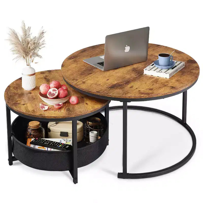 GALAXHERO Set of 2 Nesting Round Coffee Tables - 31.5 Center Tables with Storage & Metal Frame for Living Room/Apartment