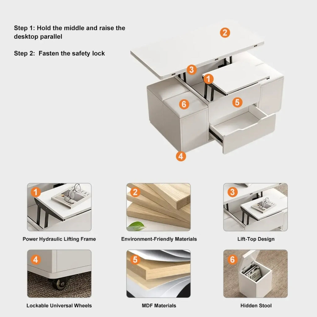 Foldable Lift-Top Coffee Table with 4 Stools & Storage