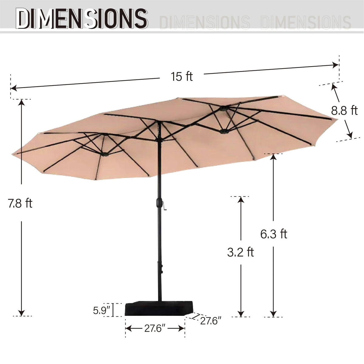 15-foot Rectangular Crank Double-sided Outdoor Market Umbrella Solar LED Lighted Patio Umbrella with Base Included