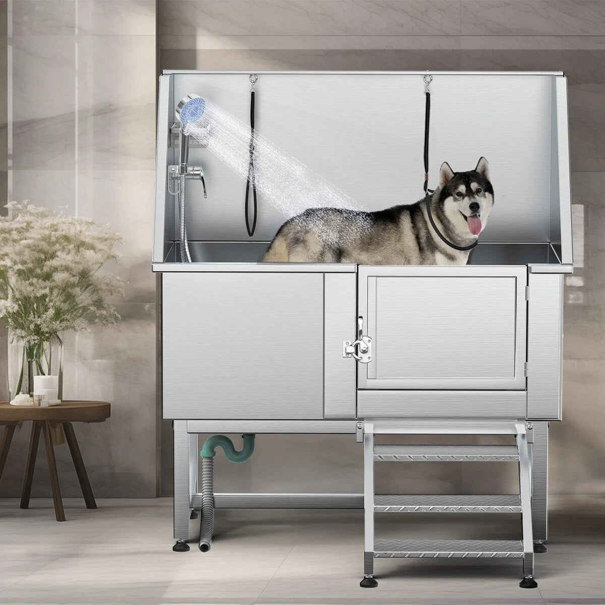 50 W Stainless Steel Adjustable Pet Grooming Tub with Steps Ramp