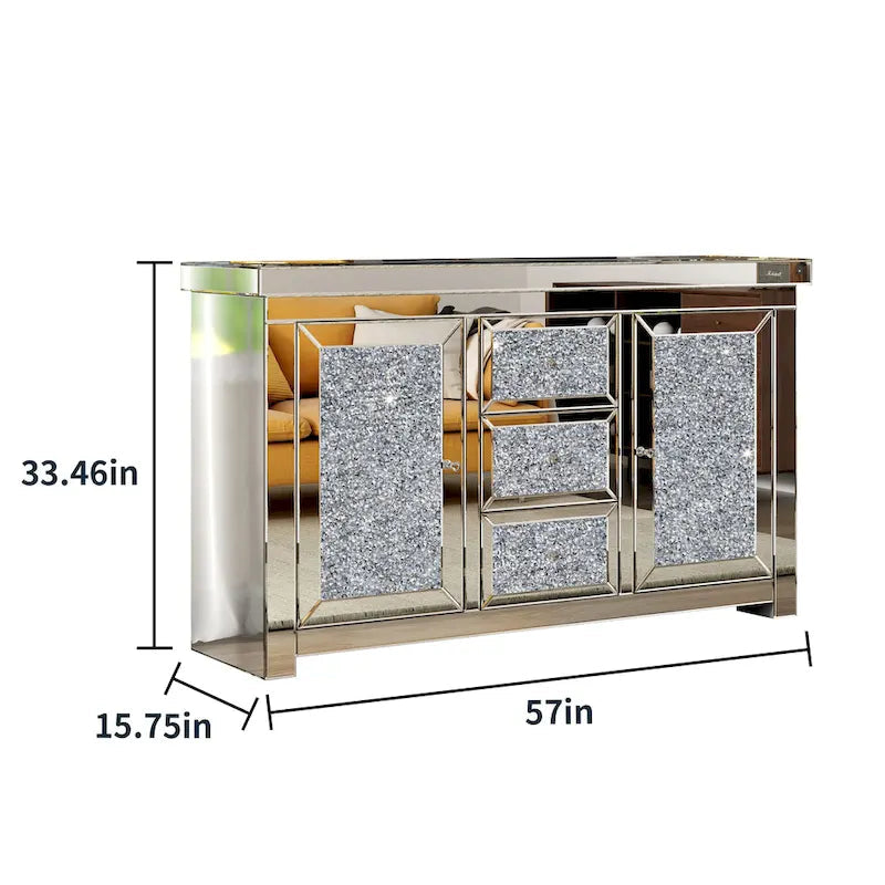 Glam Mirrored Diamond 3-Drawers Accent Cabinet Sideboard