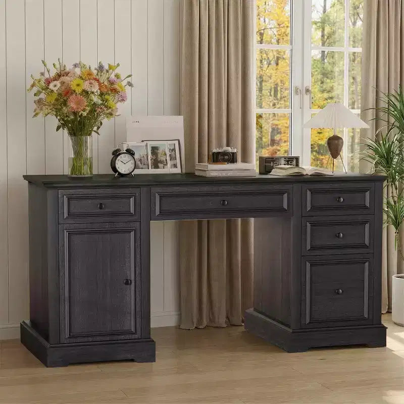 60 Farmhouse Executive Desk for Home Office - Wooden Writing Desk with Drawers, Cabinet Storage, Rustic Home Office Desk for Work Study