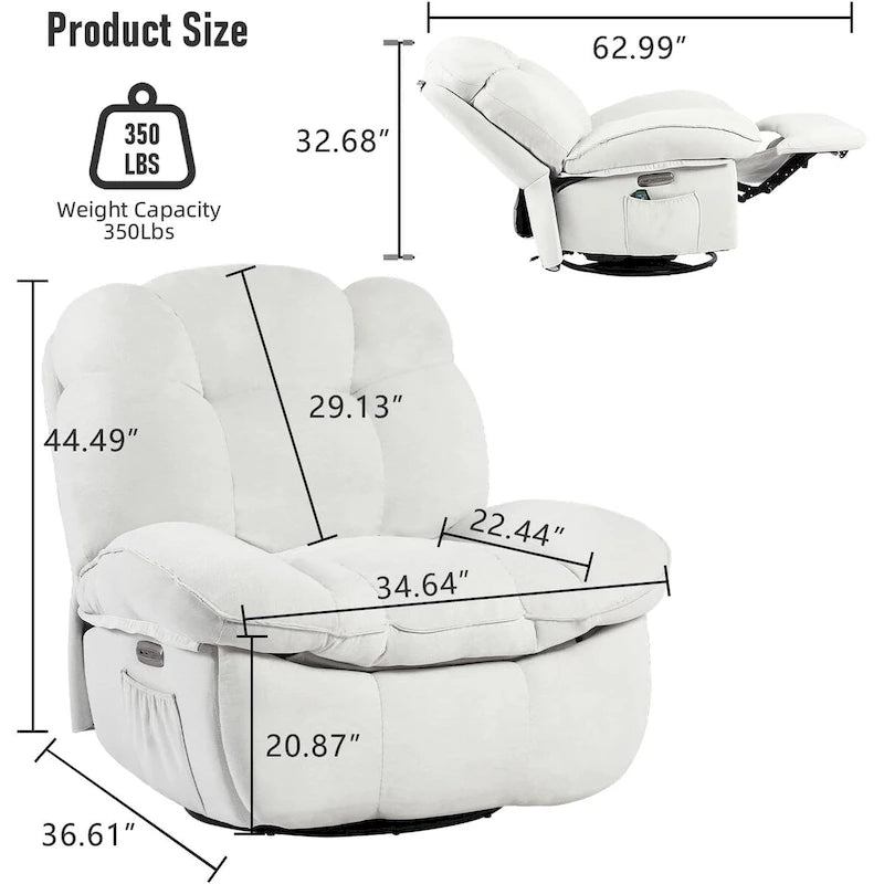 XINMICS Swivel Power Recliner Chair, Massage Rocker Recliners with Heated ,USB, USB-C and Side Pocket