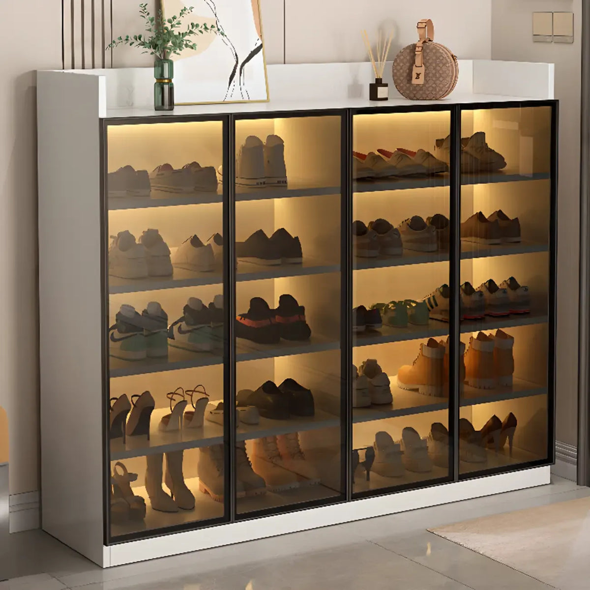 Led-lit Shoe Cabinet with Adjustable Shelves Transparent Doors