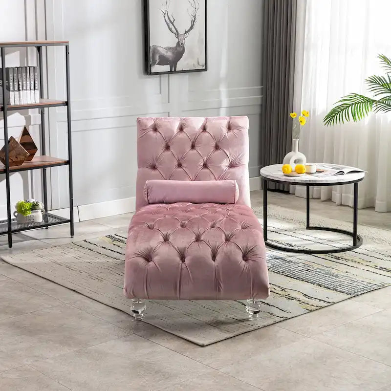 Button-Tufted Upholstered Velvet Recliner Chaise with Pillow and Acrylic Feet