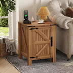 2Pcs Farmhouse Nightstand with Charging Station, Rustic Barn Door Bedside Table with Adjustable Shelf, Small End Table for Bedroom and Living Room