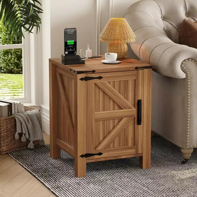 2Pcs Farmhouse Nightstand with Charging Station, Rustic Barn Door Bedside Table with Adjustable Shelf, Small End Table for Bedroom and Living Room