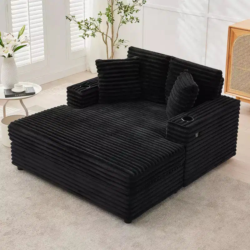 Corduroy 3-Seat Lounge Sofa with Cup Holders & Charging Ports