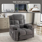 Grey Oversized Recliner with Heat and Massage, 150 Recline, 30 Rocking, USB Charging, and 2 Cup Holders