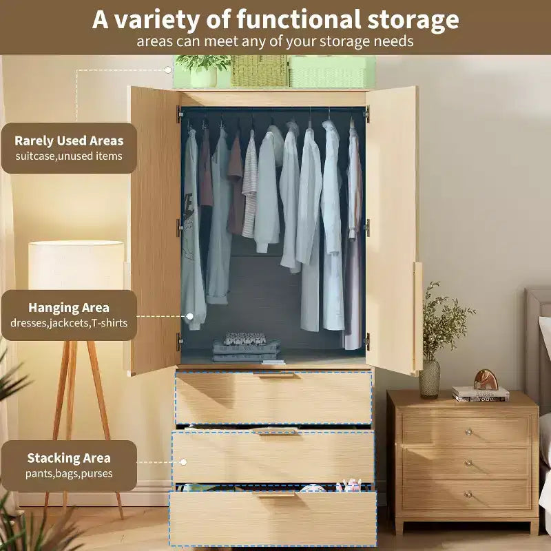 2-Door Wardrobe Cabinet with 3 Drawers & Hanging Rod