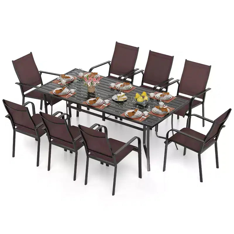 Gymax 9PCS Patio Dining Set Rectangular Table & Stackable Chairs w/Umbrella Hole