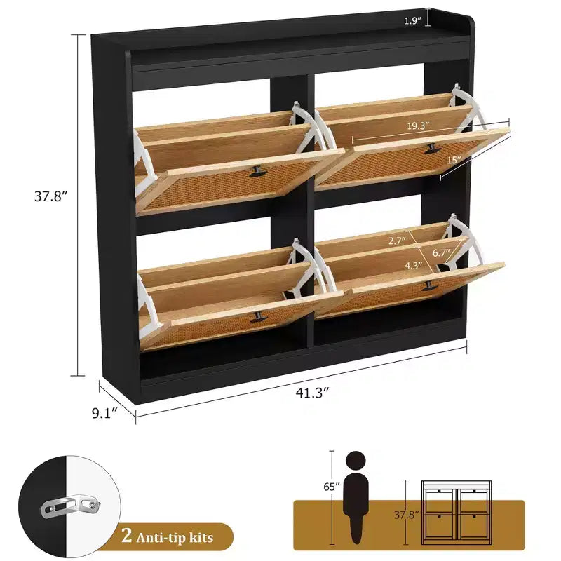 Shoe Storage Cabinet with 4 Flip Drawers, Wood Shoe Cabinet with Rattan Doors and Adjustable Shelves- Freestanding Shoe Organizer