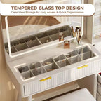 48 Fluted Makeup Vanity Desk with Mirror & LED Lights, Charging Station, Cushioned Storage Stool for Bedroom