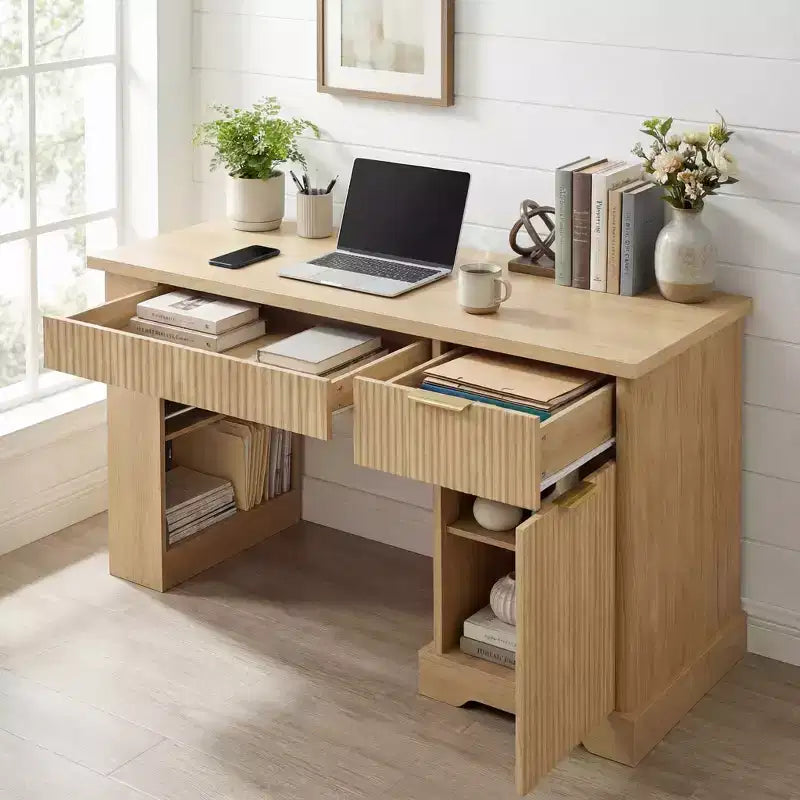 GDFStudio Haoran 55 Modern Fluted Office Desk with Power Outlet, Keyboard Tray, Door and Drawers