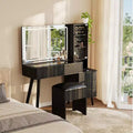 48 Fluted Makeup Vanity Desk with Mirror & LED Lights, Charging Station, Cushioned Storage Stool for Bedroom