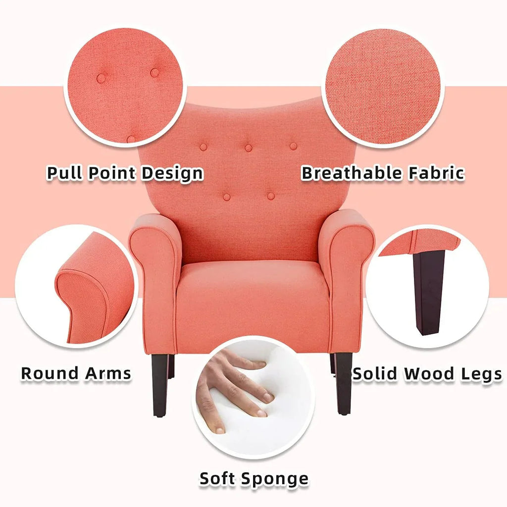 Erommy Modern Accent Chair, High Back Armchair, Upholstered Fabric Button Single Sofa with Wooden Legs for Living Room