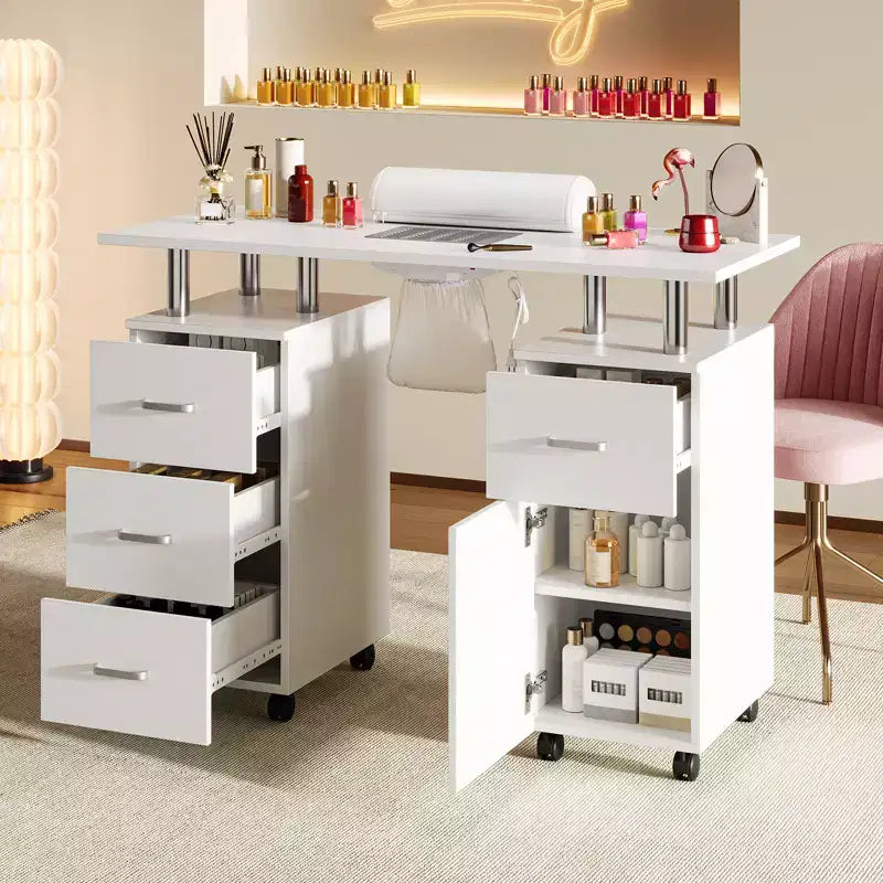 Manicure Table Nail Desk Station with Dust Collector, Locking Castors, Wrist Cushion & Storage for Home, Nail Tech & Beauty Salon