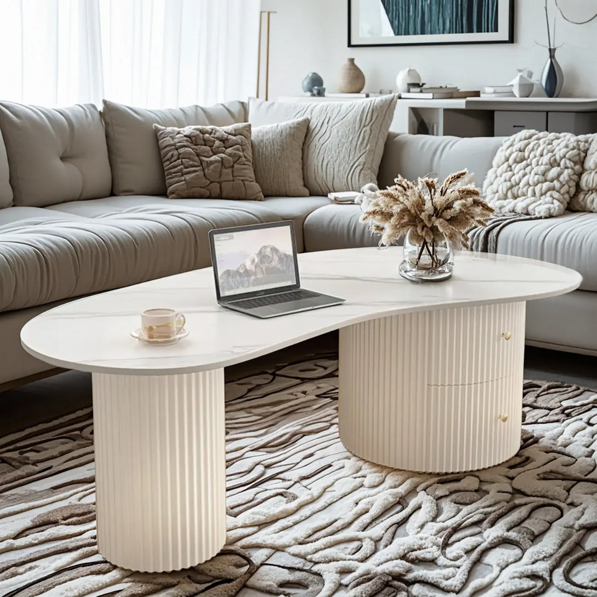 Minimalist Standard White Oval Coffee Table with 2 Drawers