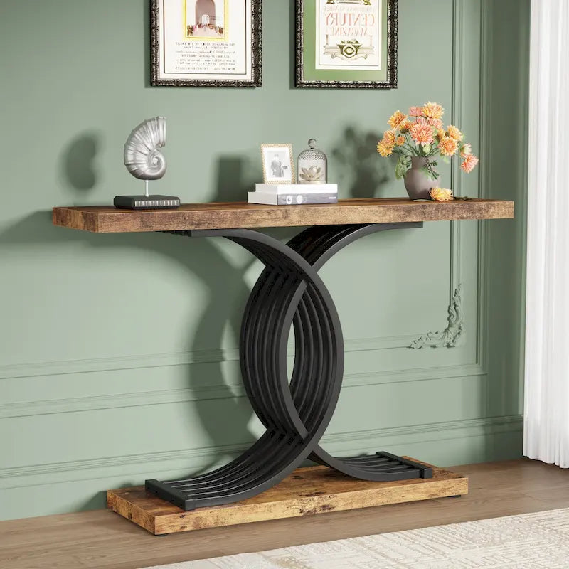 Black/ Gold Modern Sofa Table with Faux Marble Tabletop, 39 Inches Wood Foyer Table with Geometric Metal Legs for Entryway