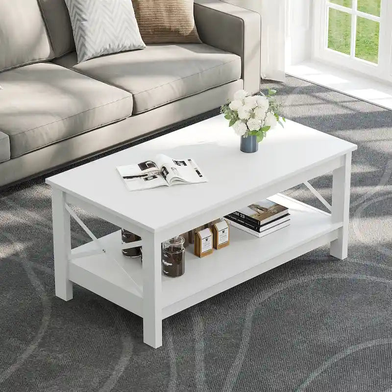 Farmhouse Coffee Table with Storage 2-Tier Center Table for Living Room