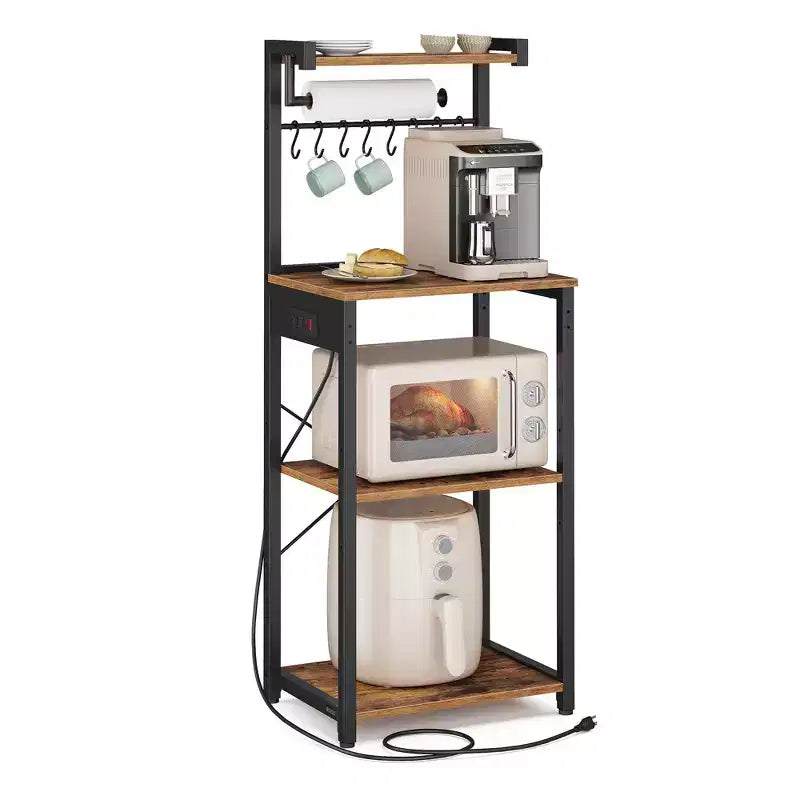 VASAGLE Kitchen Bakers Rack with Power Outlet, Coffee Bar 4-Tier with 8 S Hooks, Microwave Stand, Adjustable Shelf