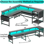 L Shaped Computer Desk Gaming Desk Keyboard Tray Power Outlets & LED