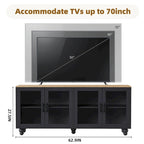 Black + Dark Walnut Farmhouse TV Entertainment Center with Bookshelves & Tempered Glass Doors for TVs Up to 70