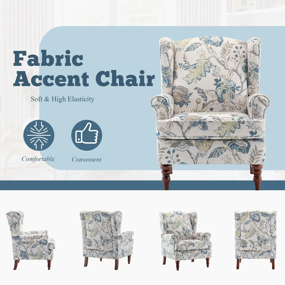 Erommy Modern Accent Chair, High Back Armchair, Upholstered Fabric Button Single Sofa with Wooden Legs for Living Room