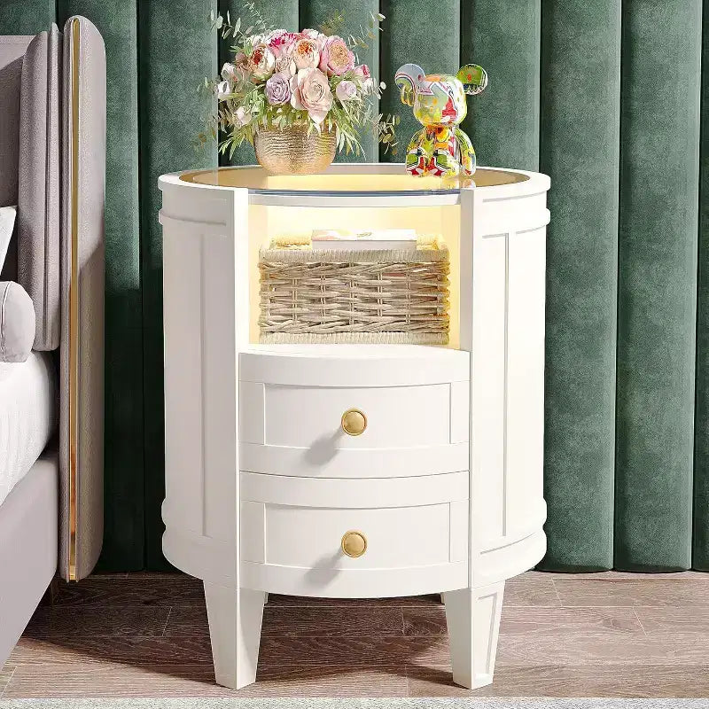 Lantine Set of 2 Modern Ivory White Nightstands with LED Glass Tabletop, 2 Drawers, No Assembly Required, Oval Bedroom Bedside Tables