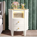 Lantine Set of 2 Modern Ivory White Nightstands with LED Glass Tabletop, 2 Drawers, No Assembly Required, Oval Bedroom Bedside Tables
