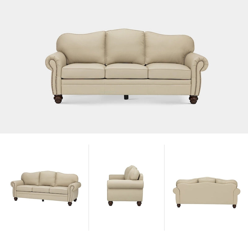Balvino 81 Wide Transitional Genuine Leather Rolled Arm Sofa with Nailhead Trim and Removable Cushions