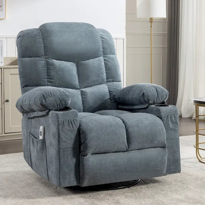 Grey Oversized Recliner with Heat and Massage, 150 Recline, 30 Rocking, USB Charging, and 2 Cup Holders